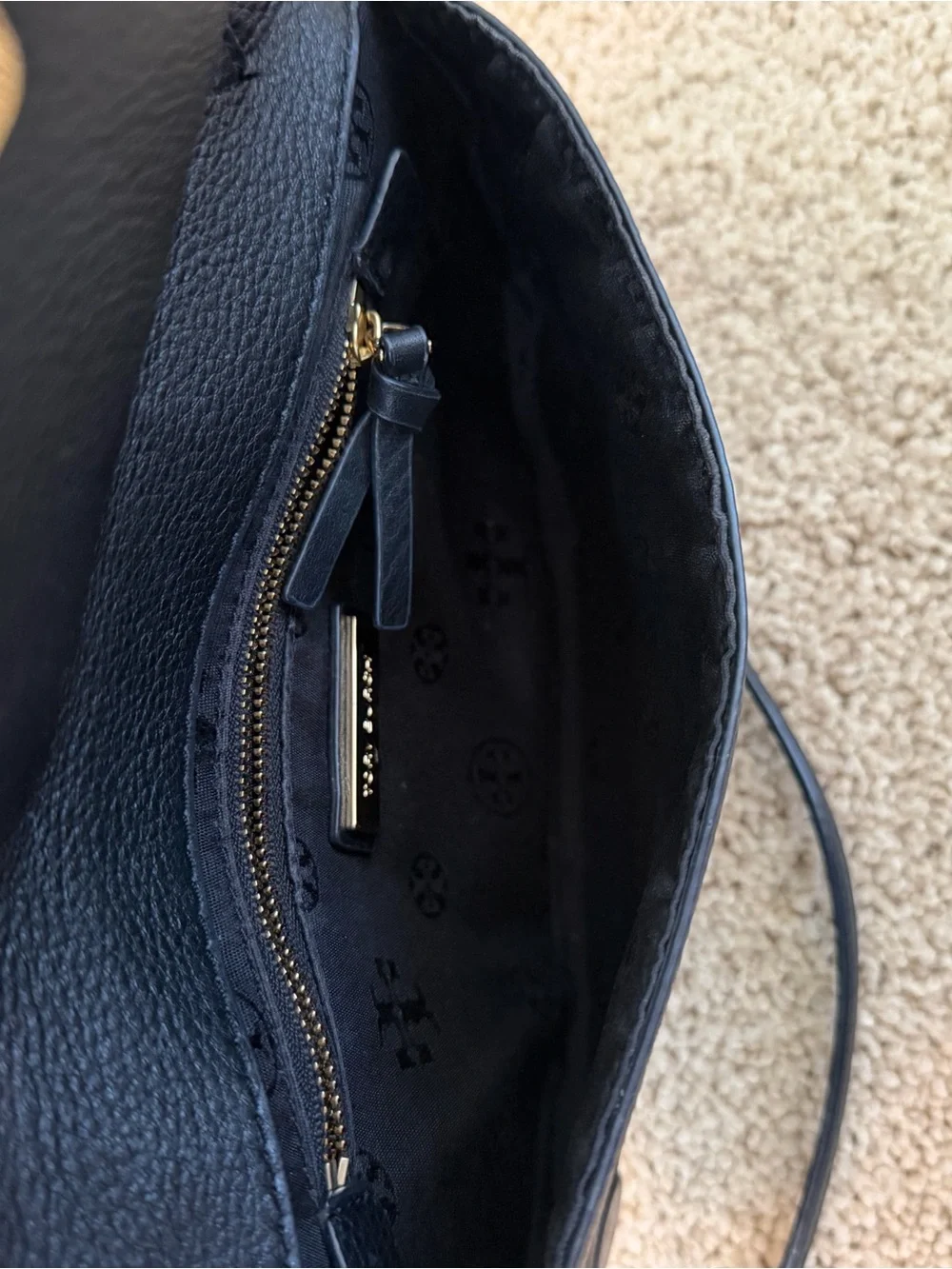 Tory Burch Black Leather Crossbody Bag with Gold Logo and Chain